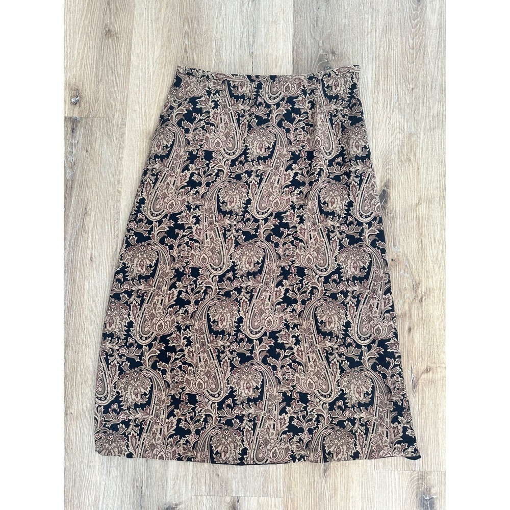 Talbots Petites 100% Silk Paisley Midi Skirt Black‎ Tan 10P A-Line Side Zip